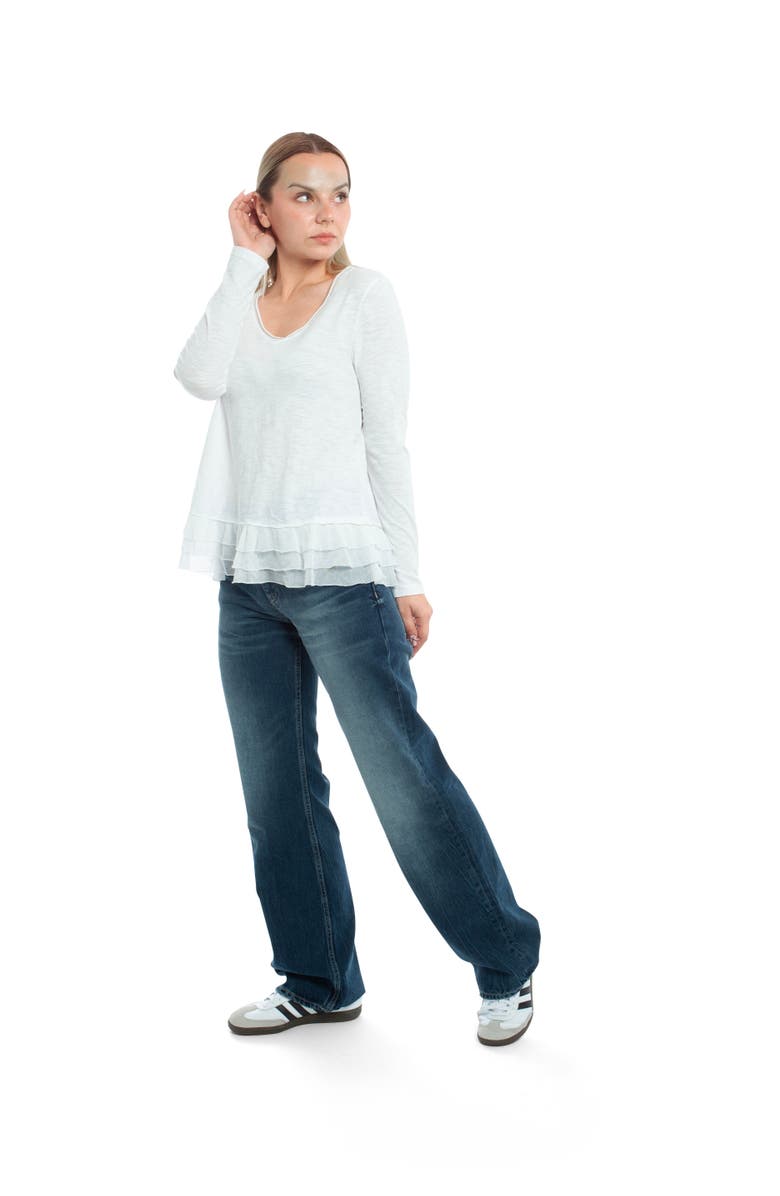 WILT Clothing V-Neck Mixed Media Long Sleeve Tee With Ruffle Hem, Alternate, color, Black