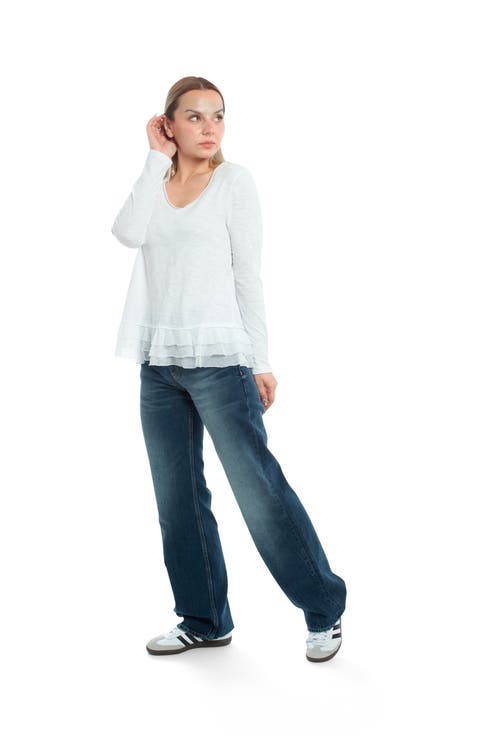 Wilt Clothing V-neck Mixed Media Long Sleeve Tee With Ruffle Hem In Blue