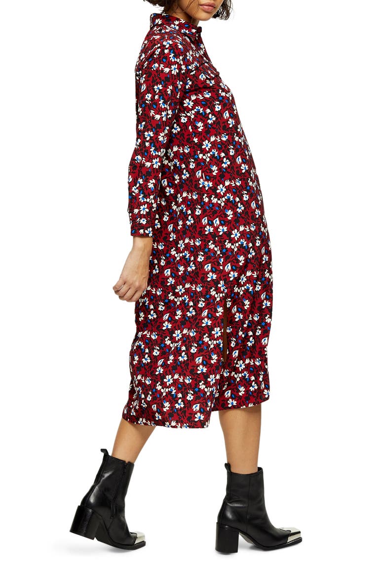 Floral Print Long Sleeve Midi Shirtdress, Alternate, color, BURGUNDY MULTI