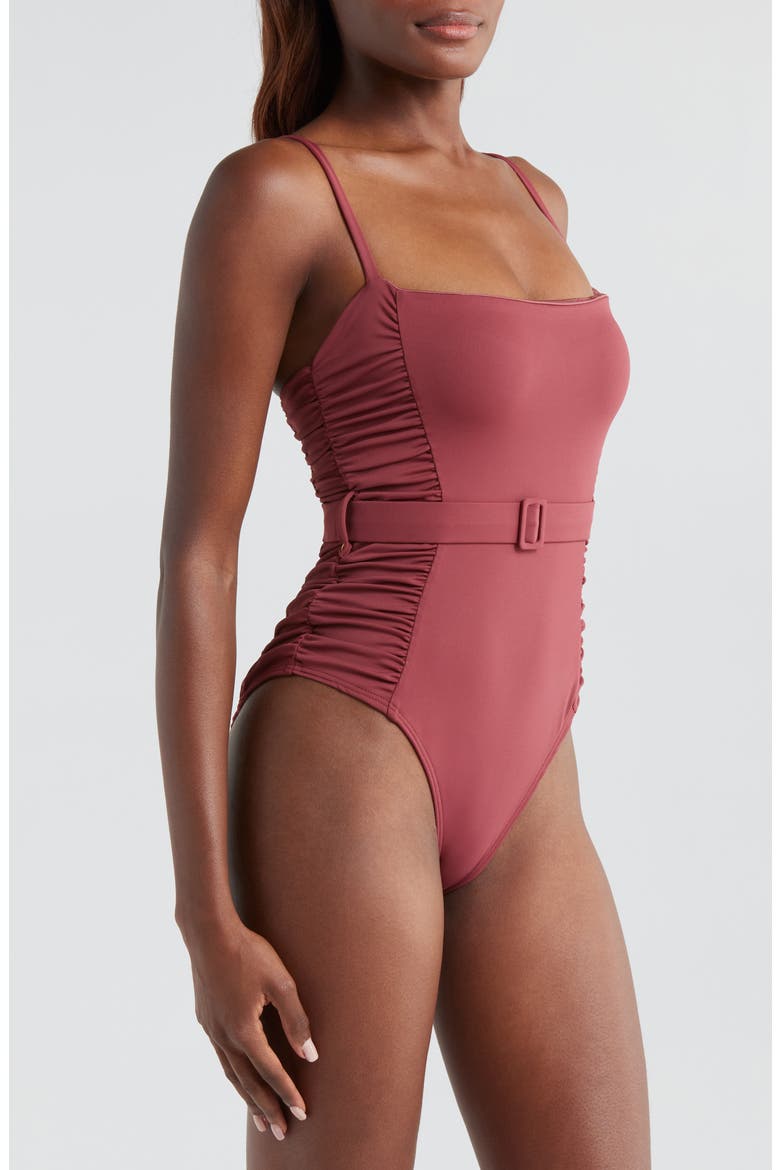 Ruched Belted One-Piece Swimsuit, Alternate, color, BROWN