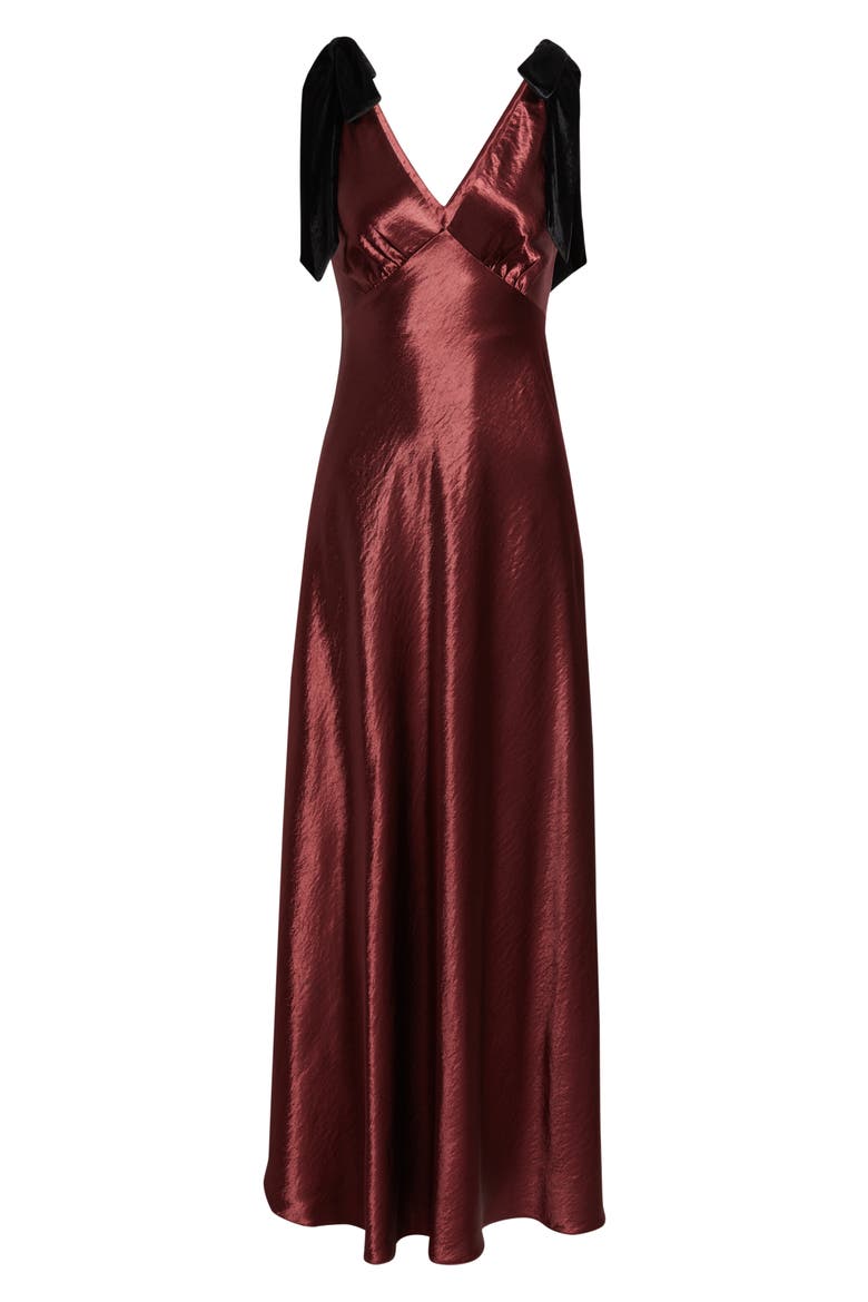 Holly Velvet Tie Hammered Satin Gown, Alternate, color, BURGUNDY