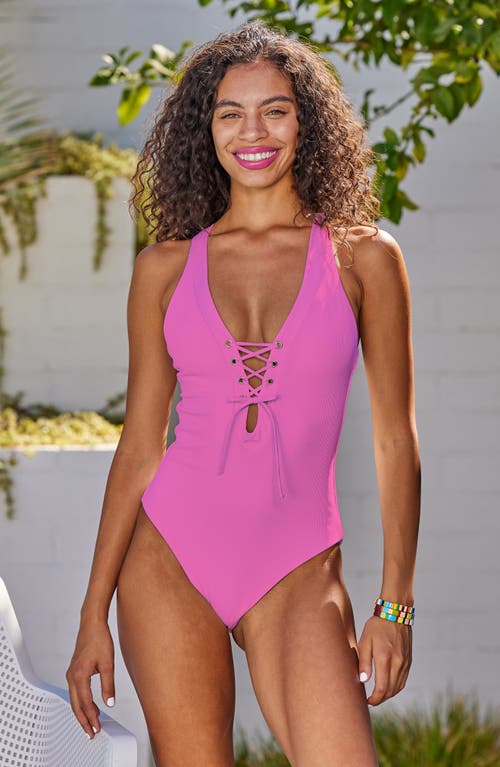 Shop Becca Modern Edge Ribbed Lace-up Plunge One-piece Swimsuit In Conch Pink
