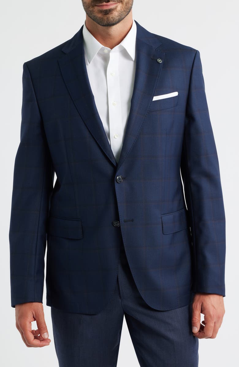 BOSS Hutson Slim Fit Navy Windowpane Check Wool Sport Coat, Alternate, color, Dark Blue
