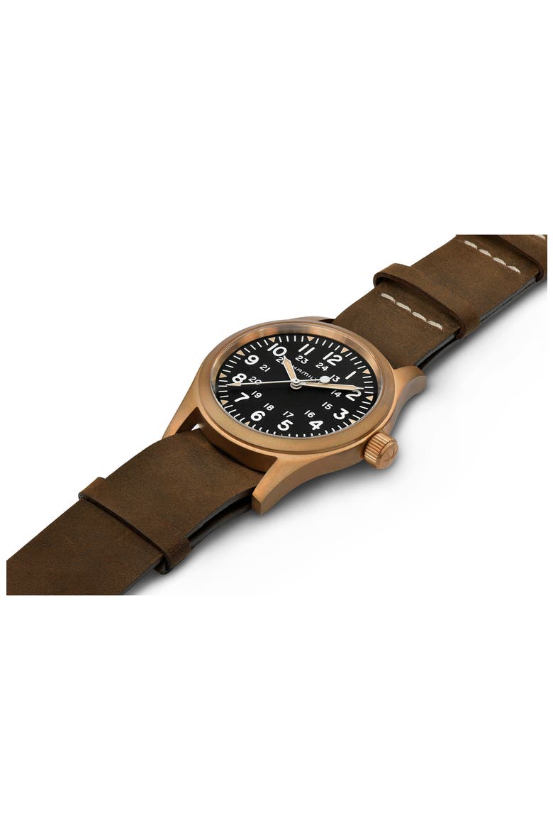 Khaki Field Mechanical Leather Strap Watch, 38mm, Alternate, color, BROWN