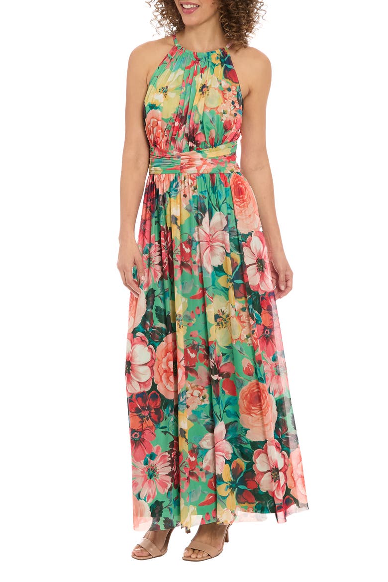 Floral Mesh Maxi Dress, Alternate, color, GREEN/ PEACH