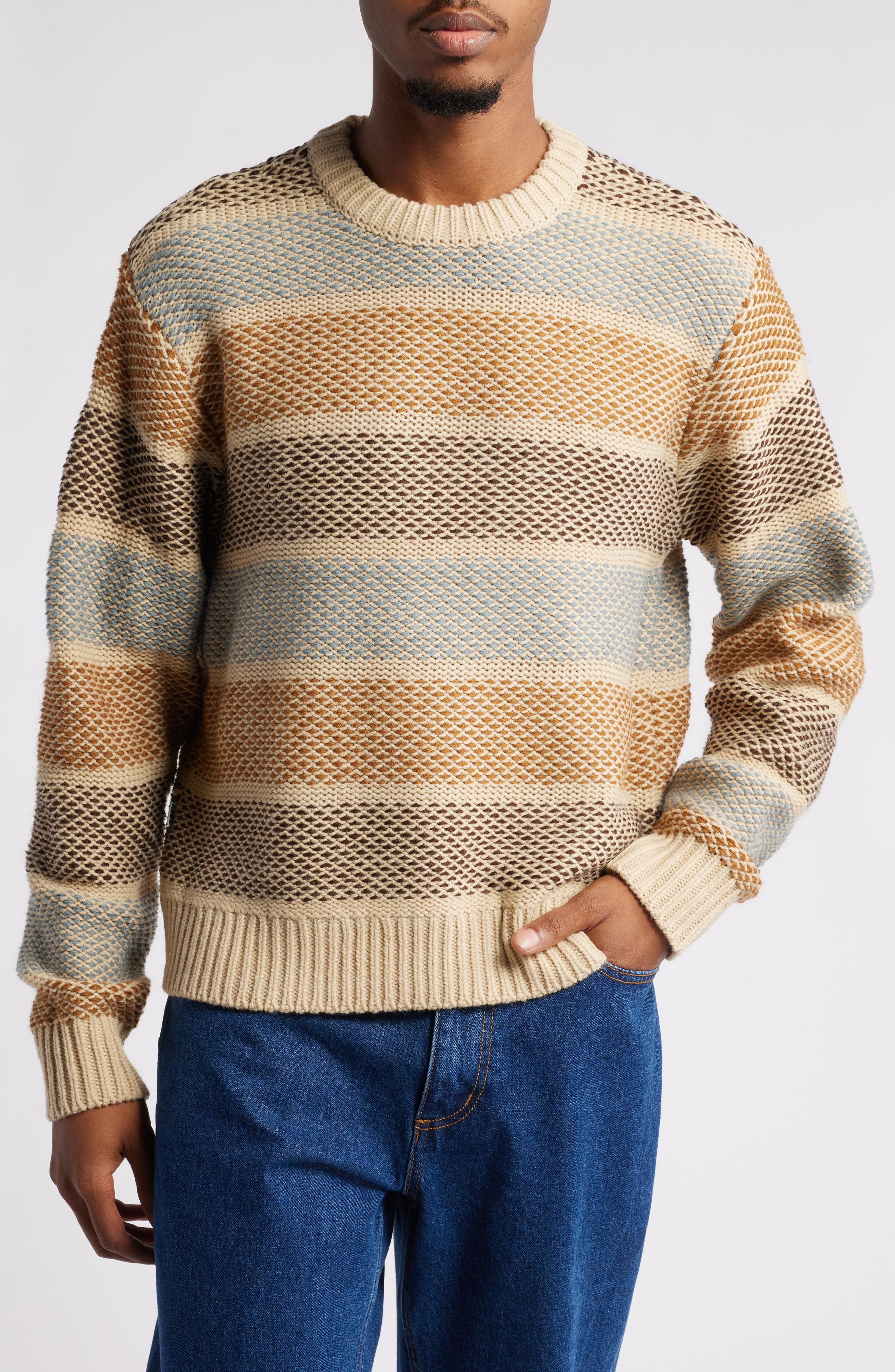 Obey Benjamin Stripe Crewneck Sweater in Brown Multi 