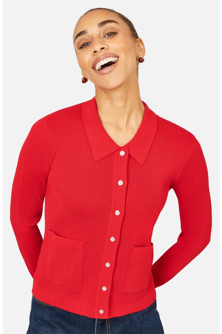 Ribbed Collar Button Up Cardigan, Main, color, Red