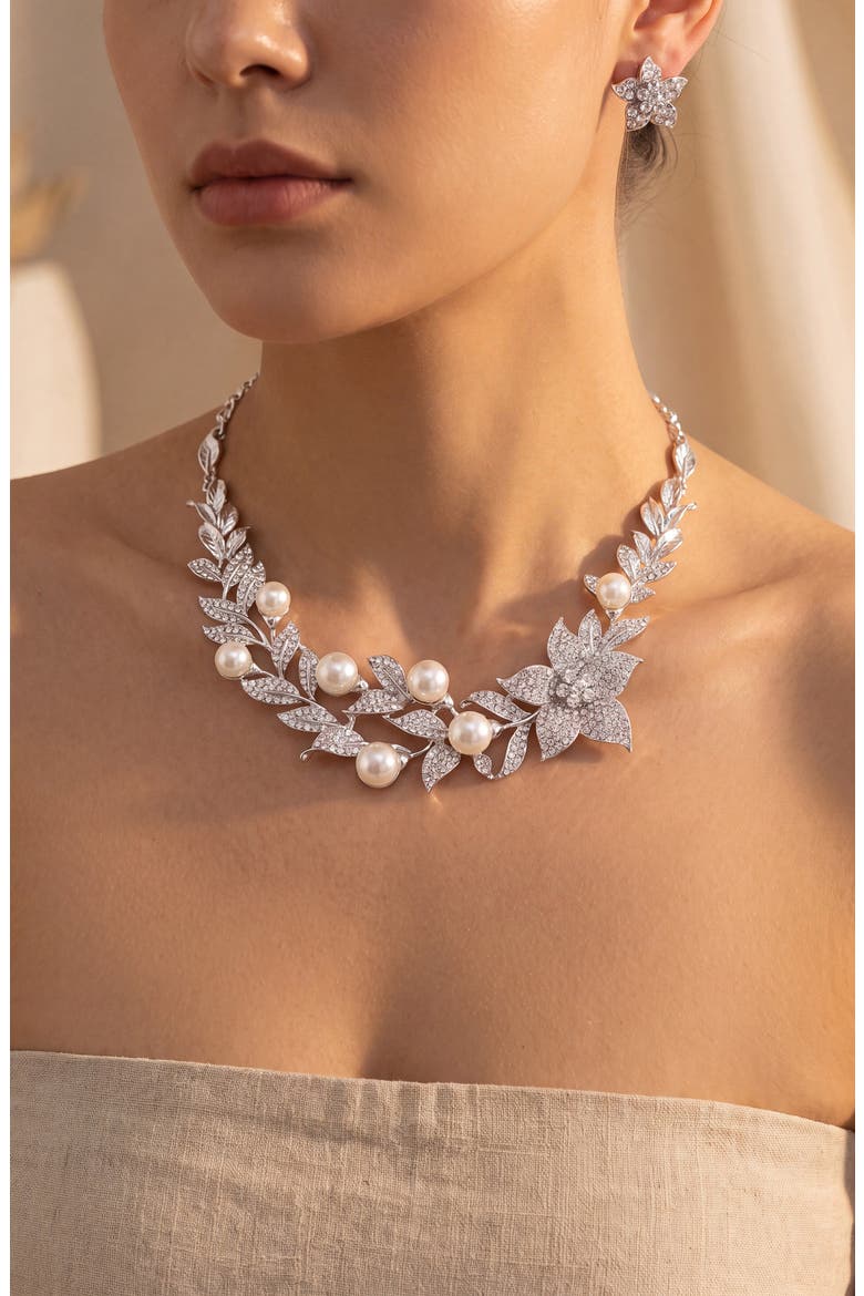 Pearl Crystal Sharp Petal Necklace and Earring Set, Alternate, color, Silver