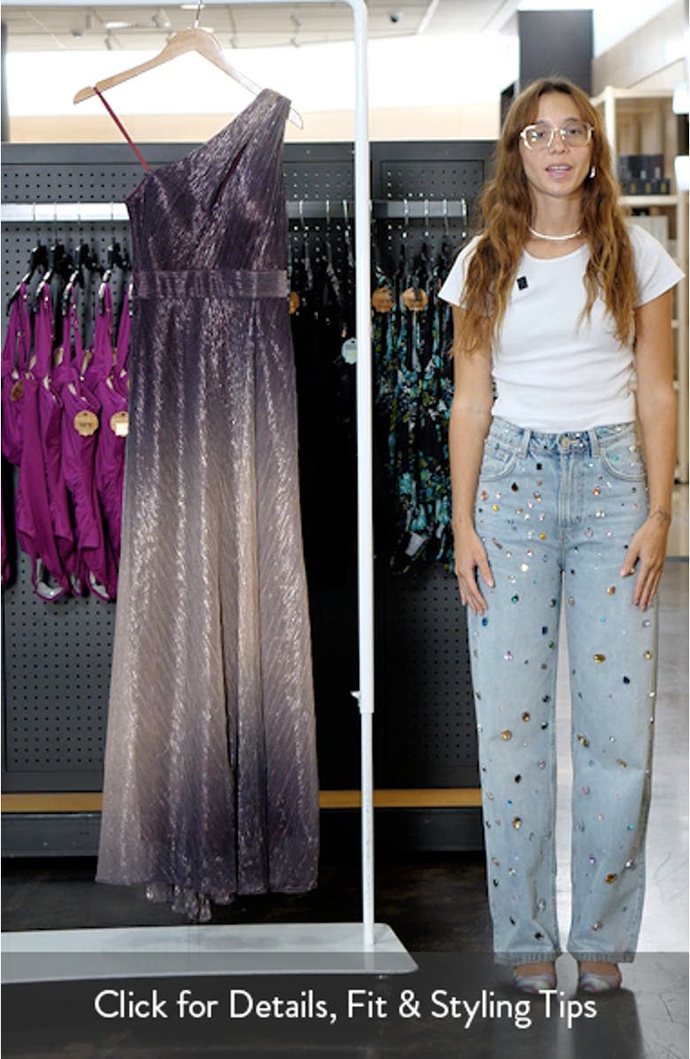 One-Shoulder Metallic Crinkle Ombré Gown, sales video thumbnail