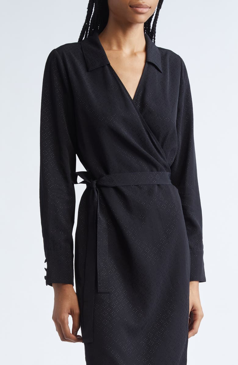 Emporio Armani Long Sleeve Jacquard Faux Wrap Dress, Alternate, color, Black
