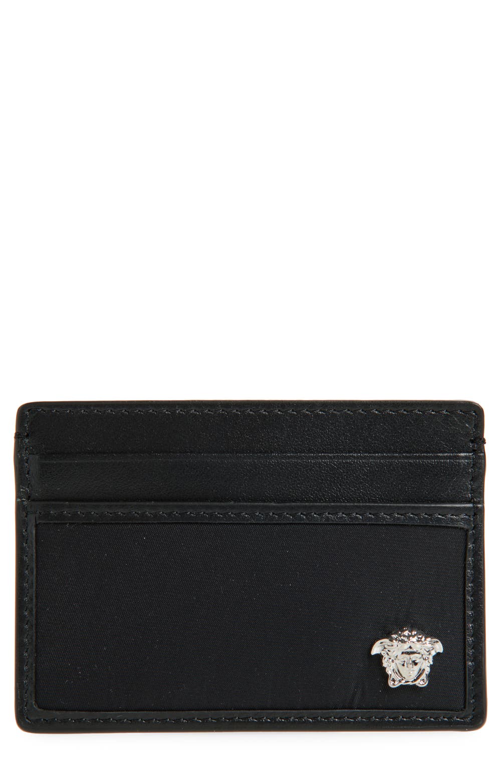 Medusa Leather & Nylon Card Case, color, BLACK-PALLADIUM
