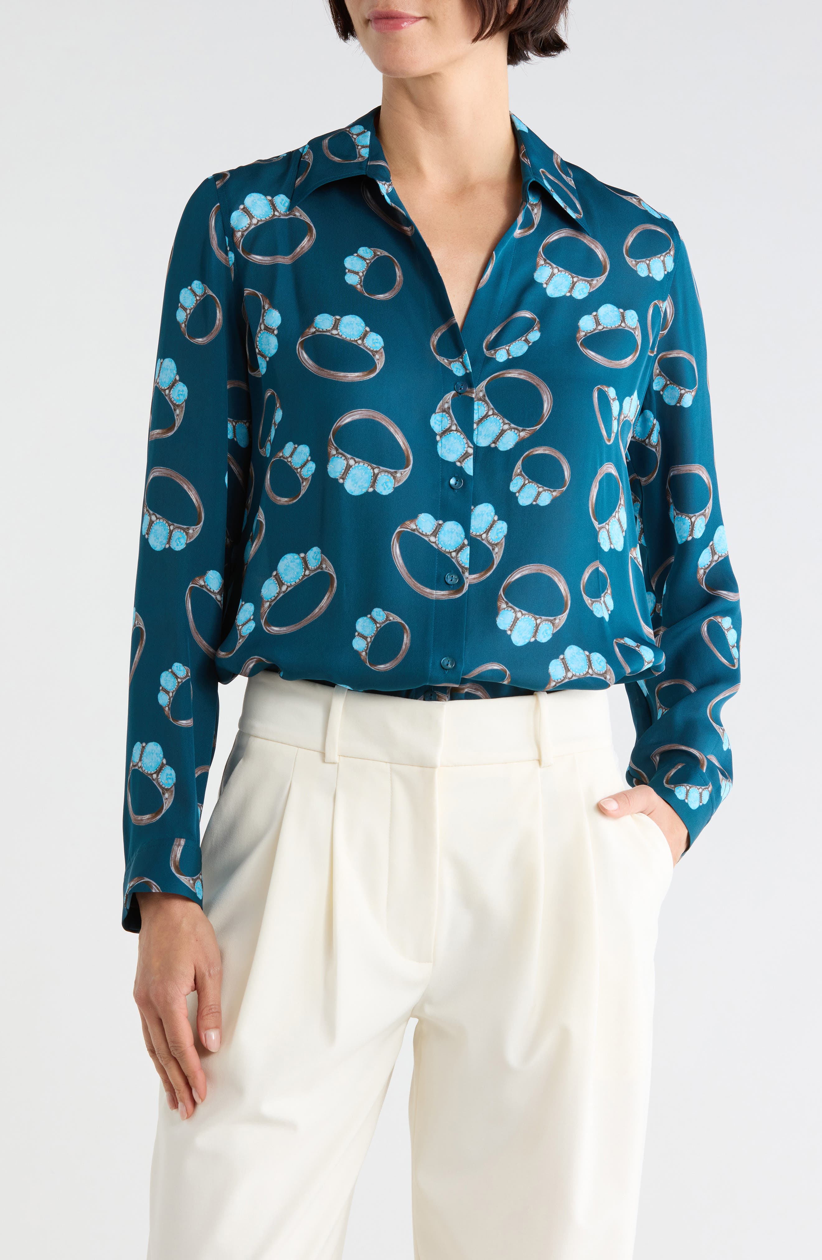 Nina Turquoise Print Silk Shirt