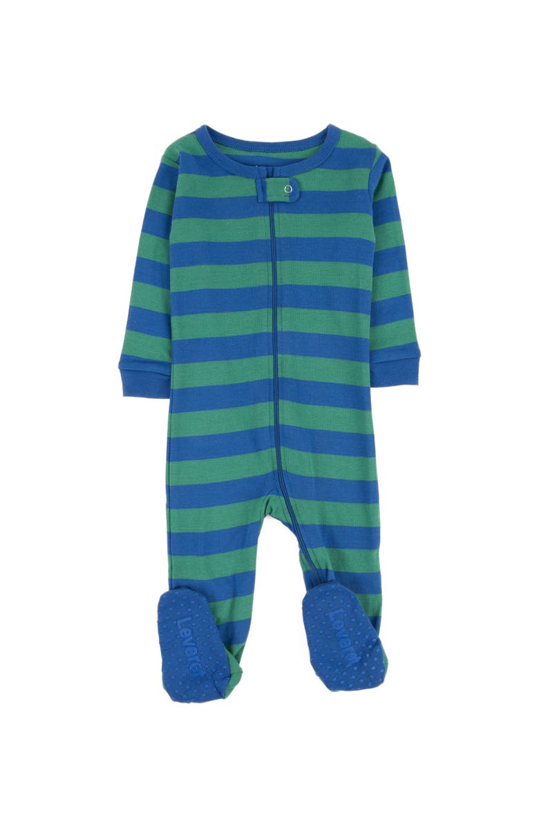 Leveret Footed Printed Cotton Pajamas, Solids, Stripes & Tie Dye, Main, color, Striped Blue & Green