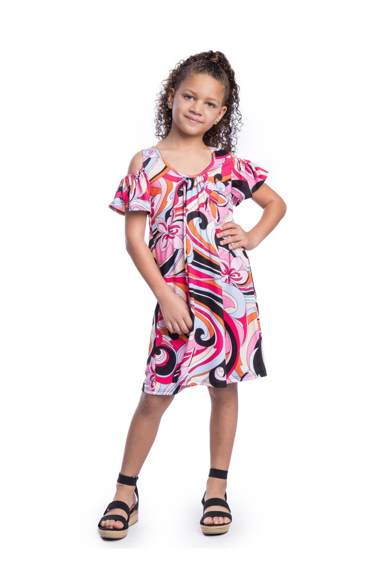 Pink Cold Shoulder Knee Length Dress, Alternate, color, Pink Multi