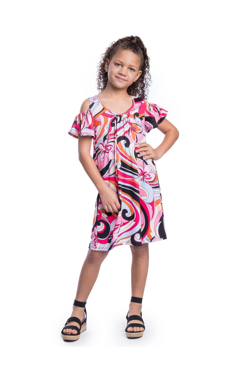 24sevenKid Pink Cold Shoulder Knee Length Dress, Alternate, color, Pink Multi