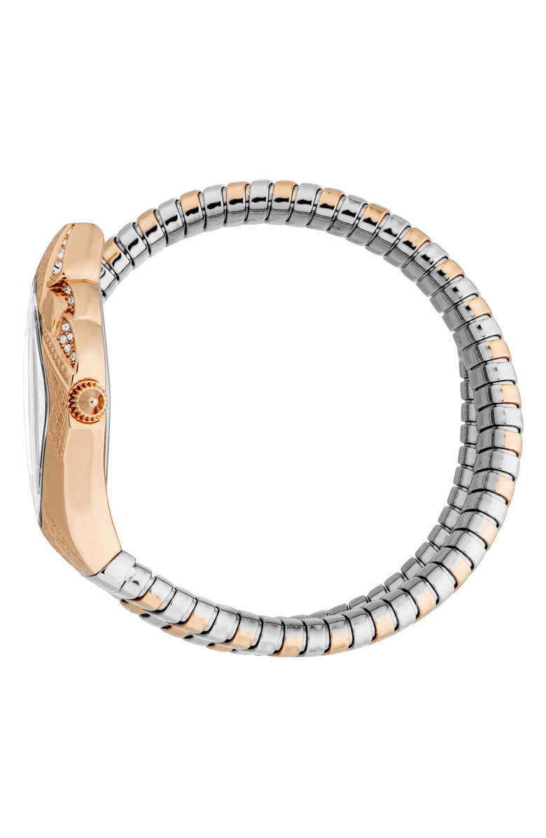 Just Cavalli Snake Wraparound Bracelet Watch, 22mm x 36.5mm, Alternate, color, Two Tone Silver / Rose Gold