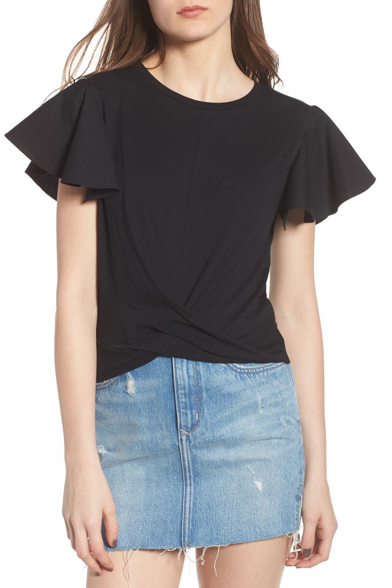 Ruffle Sleeve Twist Hem Tee, Main, color, BLACK