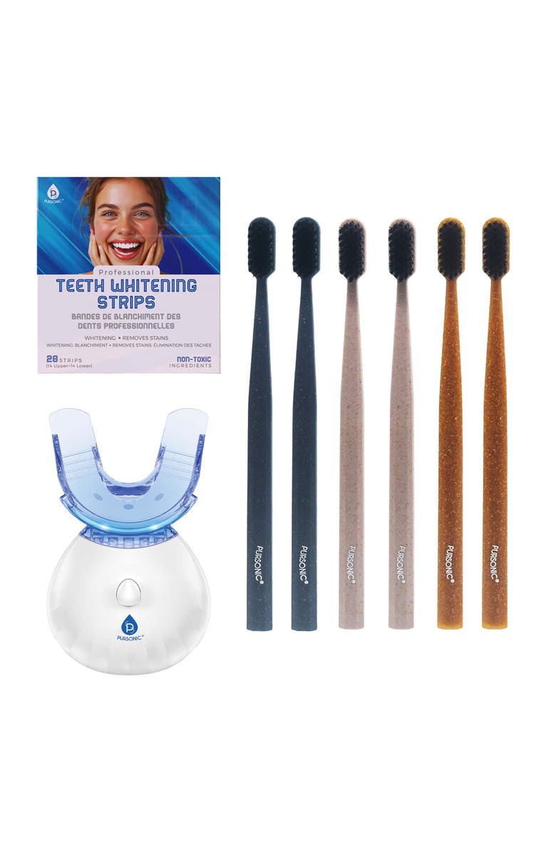 PURSONIC LED Teeth Whitening Solution, Whitening Strips & Charcoal Toothbrush Bundle, Main, color, Multicolor