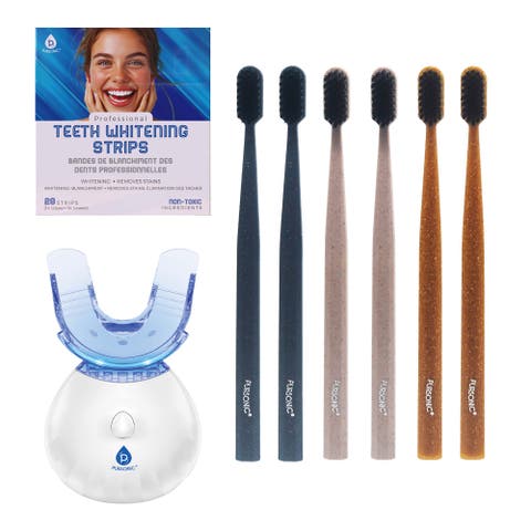 LED Teeth Whitening Solution, Whitening Strips & Charcoal Toothbrush Bundle