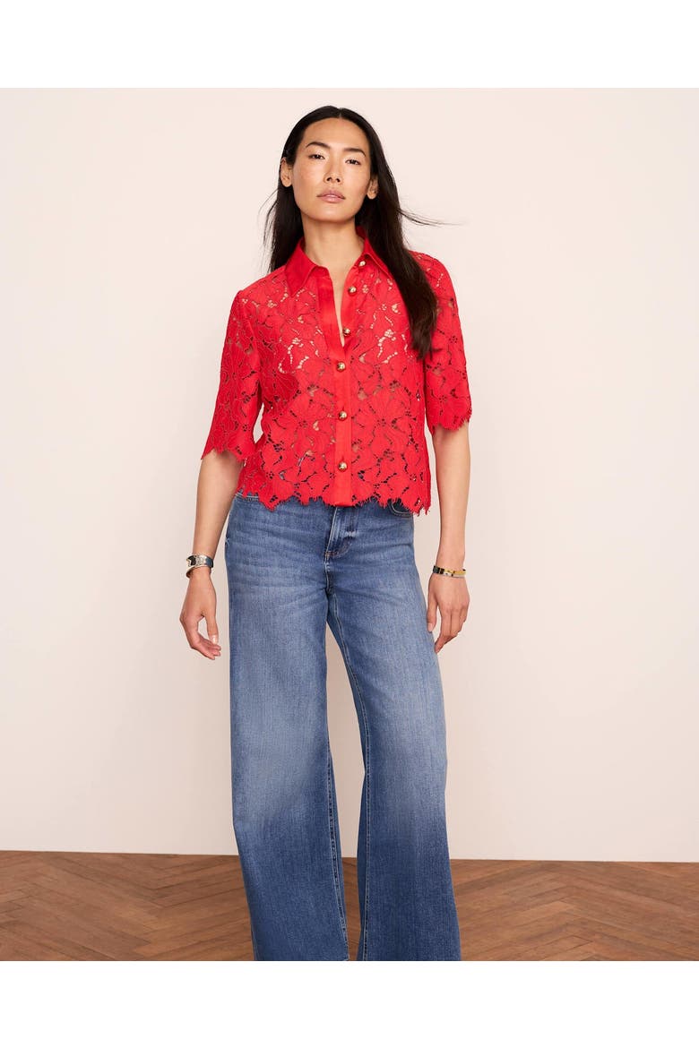 Lace Short Sleeve Cropped Shirt, Alternate, color, Red