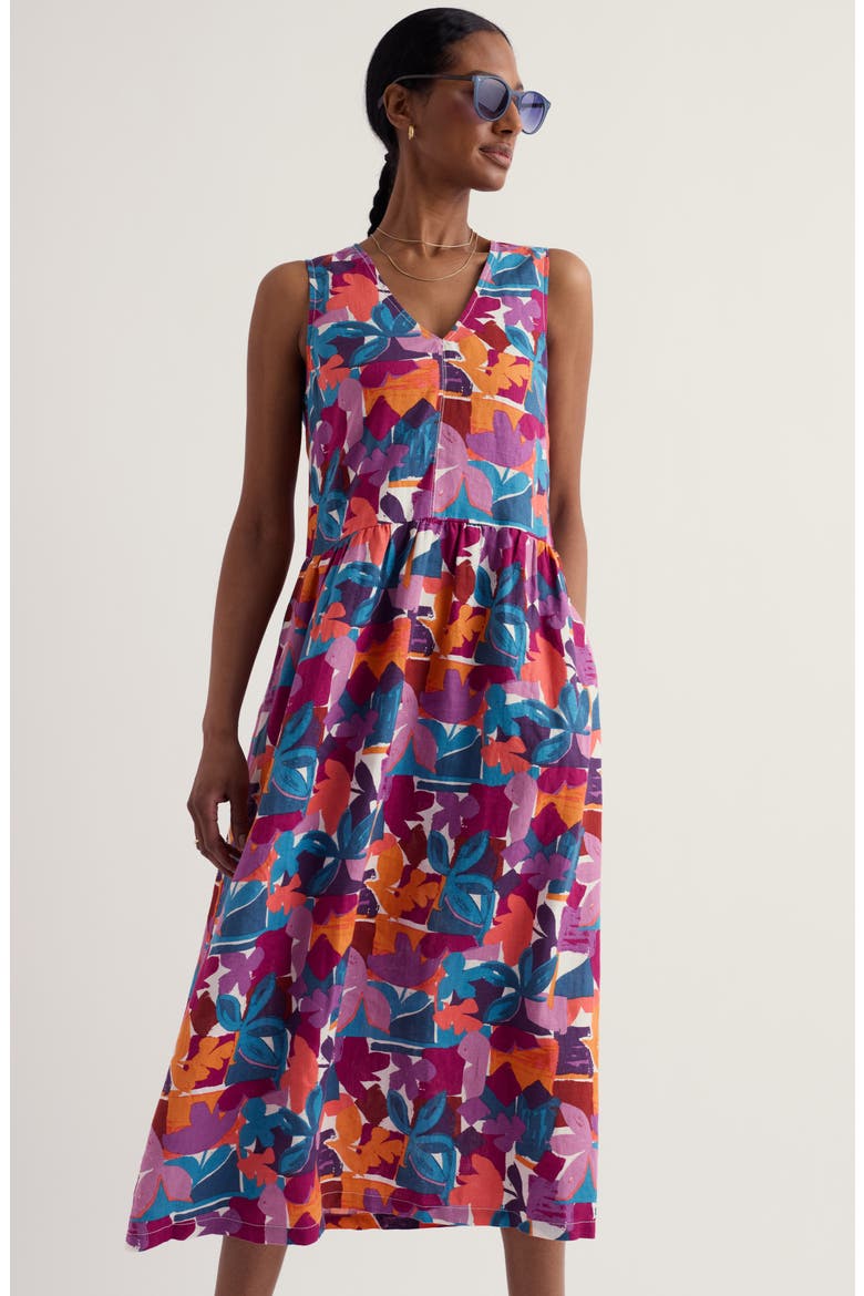 Lowland Heather Floral Linen Midi Dress, Alternate, color, FLORAL TROPIC SHAPES CHALK