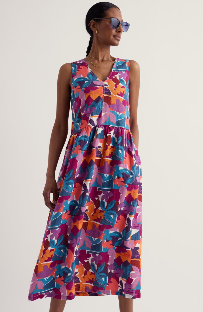 Seasalt Cornwall Lowland Heather Floral Linen Midi Dress, Alternate, color, Floral Tropic Shapes Chalk