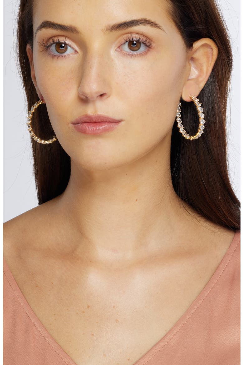Angled Cubic Zirconia Hoop Earrings, Alternate, color, CLEAR- GOLD