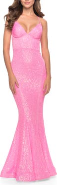 La Femme Fitted Stretch Sequin Dress with Open Back and Defined Cups