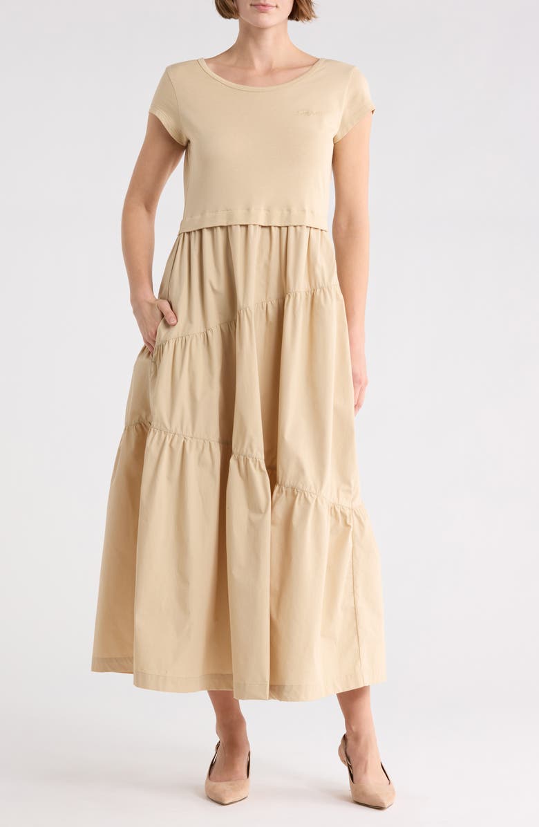 BOSS Tiered T-Shirt Midi Dress, Main, color, Open Bge