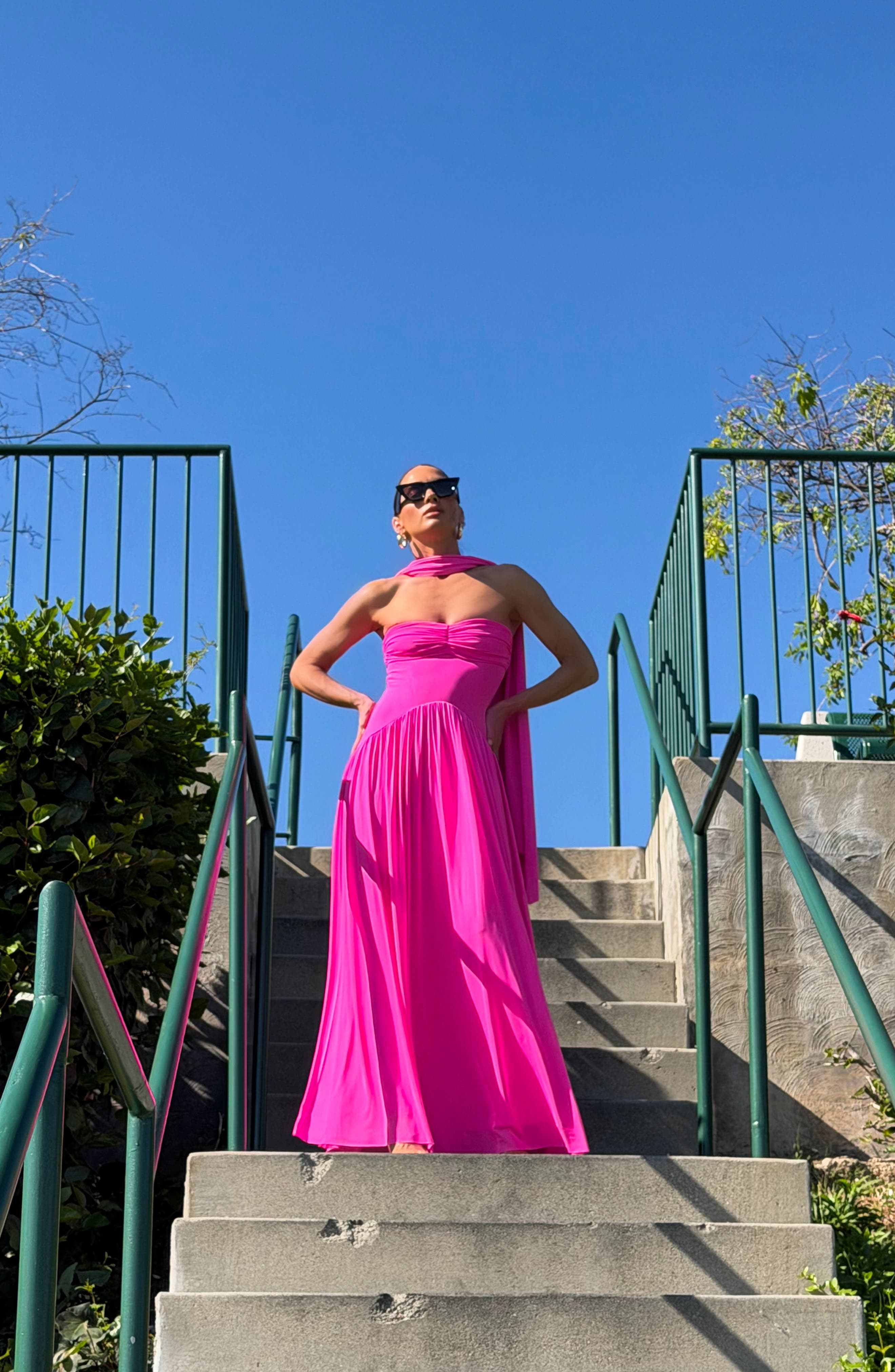 pink scarf maxi dress Caira Chiffon Scarf Maxi Dress / Ombre Dark Pink | MESHKI