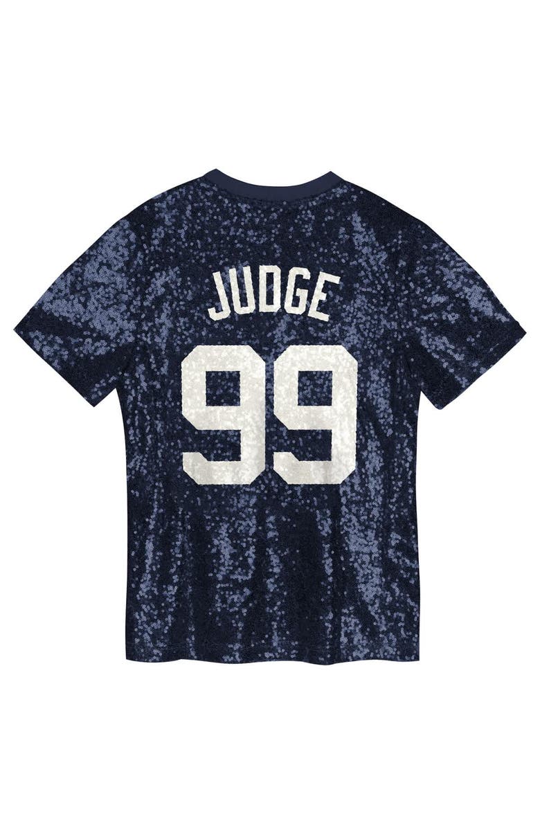 Outerstuff Juniors Aaron Judge Navy New York Yankees Name & Number Sequin V-Neck Top, Alternate, color, Navy