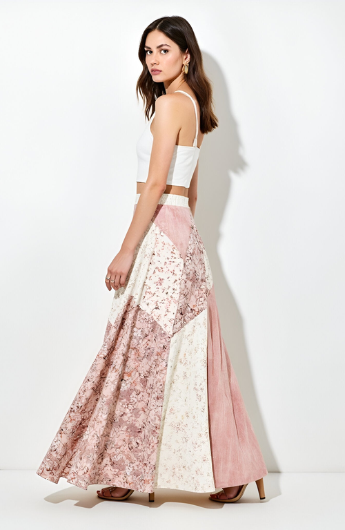 Modenaire Patchwork Floral Chevron Panel Maxi Skirt In Multi