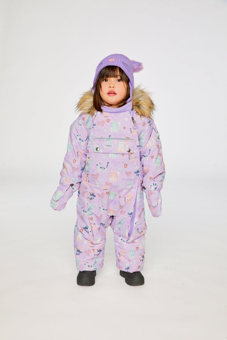 Play Cat Faux Fur Hood Car Seat One Piece Snowsuit, Alternate, color, Purple Printed Cats