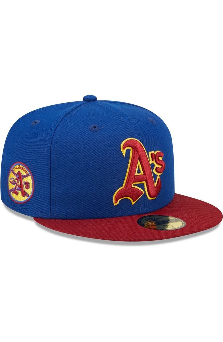 New Era Men's New Era Royal/Red Oakland Athletics Throwback Logo Primary Jewel Gold Undervisor 59FIFTY Fitted Hat, Main, color, 