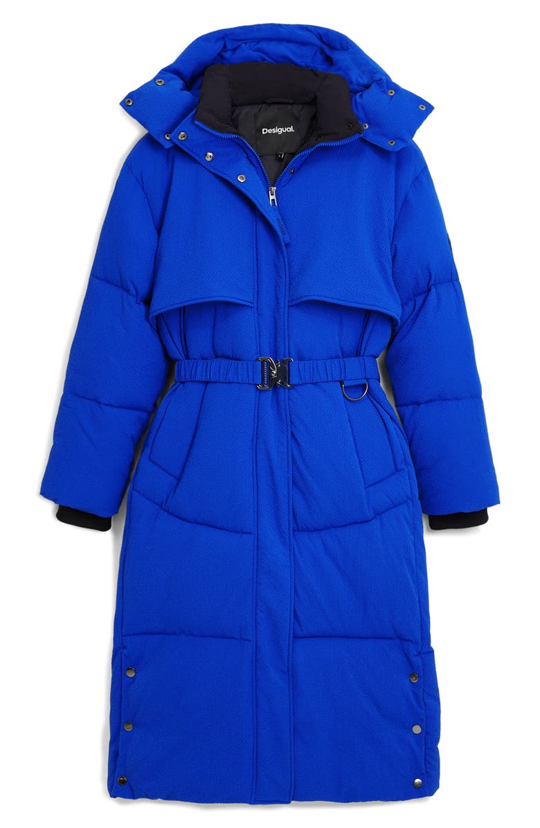 Desigual Quilted Puffer Longline Coat with Removable Hood, Alternate, color, Klein Blue