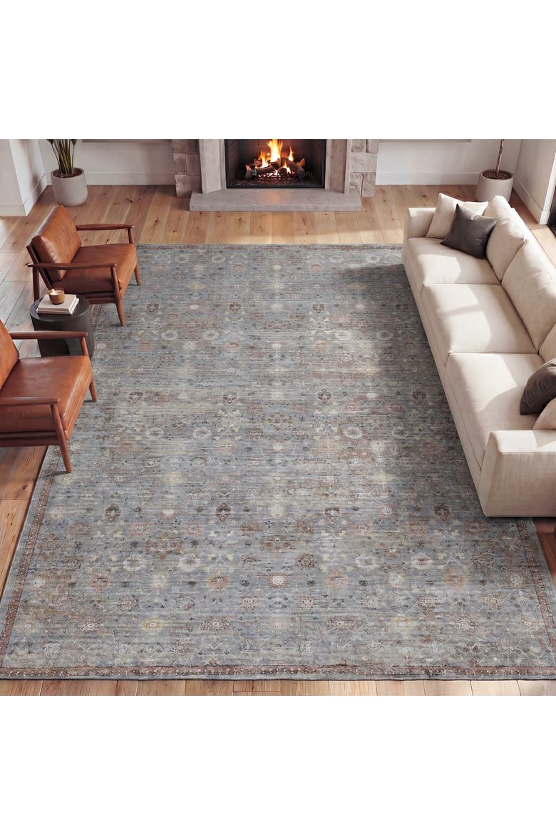 Petunia Distressed All-Over Floral Border Non-Slip Machine-Washable Rug, Main, color, Rose Clay/Gray