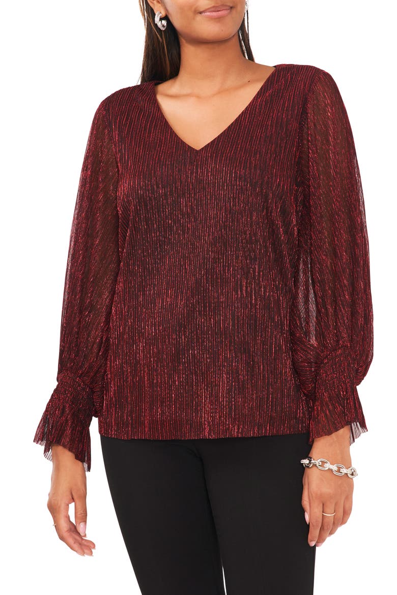 Bishop Sleeve Metallic Crinkle Mesh Blouse, Main, color, BLACK/ RED