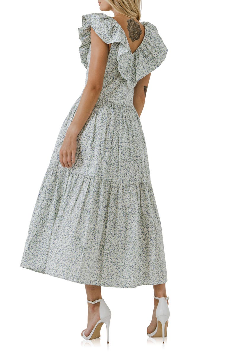 English Factory Floral Ruffle Tiered Midi Dress, Alternate, color, Blue Multi