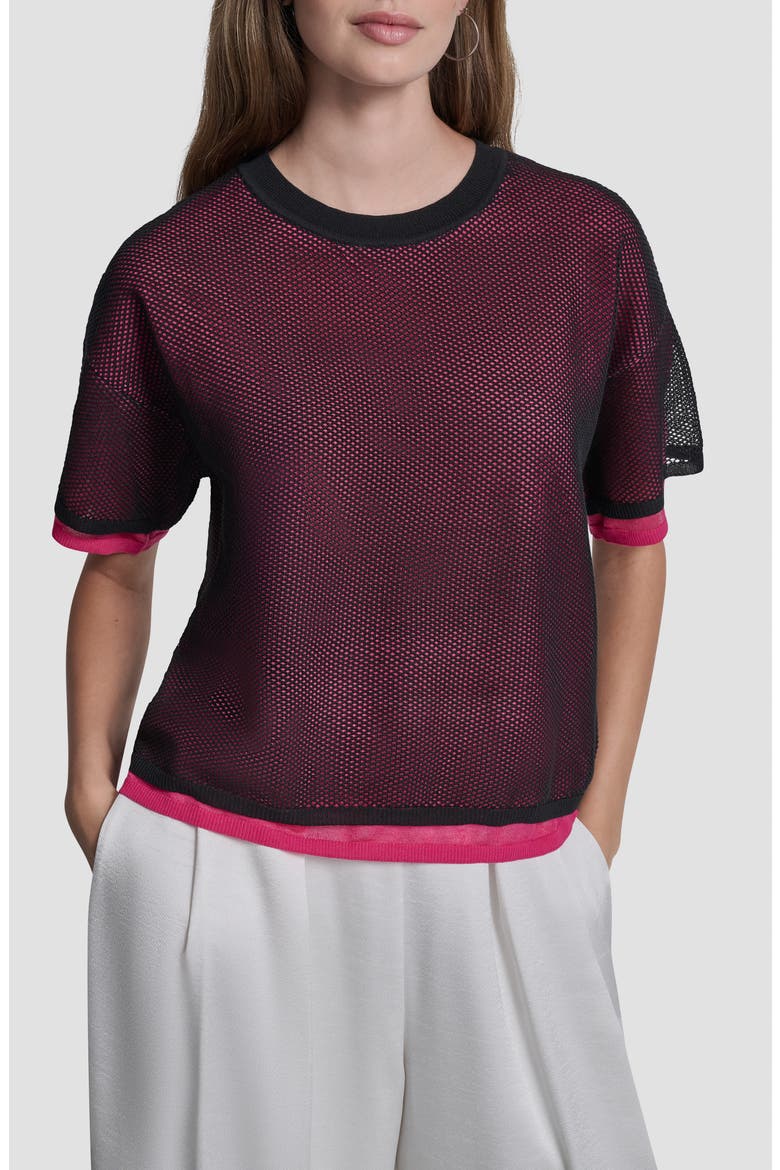 Boxy Mesh Overlay Top, Main, color, BLACK/HOT PINK