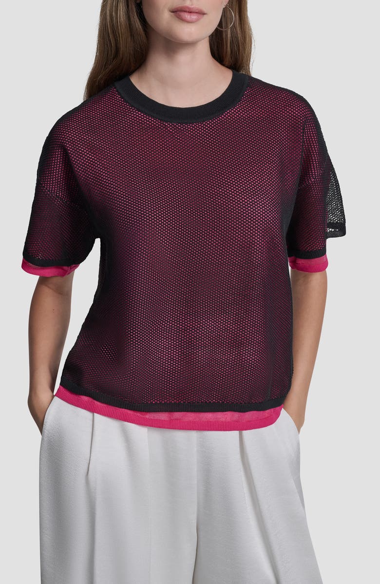 DKNY Boxy Mesh Overlay Top, Main, color, Black/Hot Pink