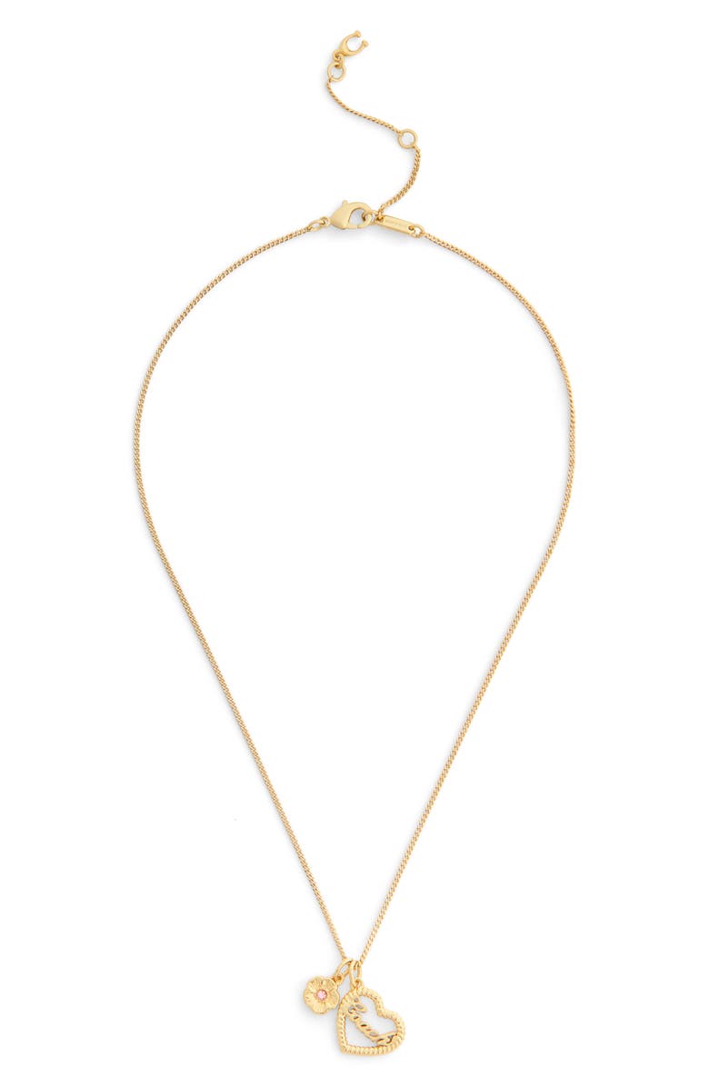 COACH Tea Rose & Heart Charm Necklace, Alternate, color, Shiny Gold