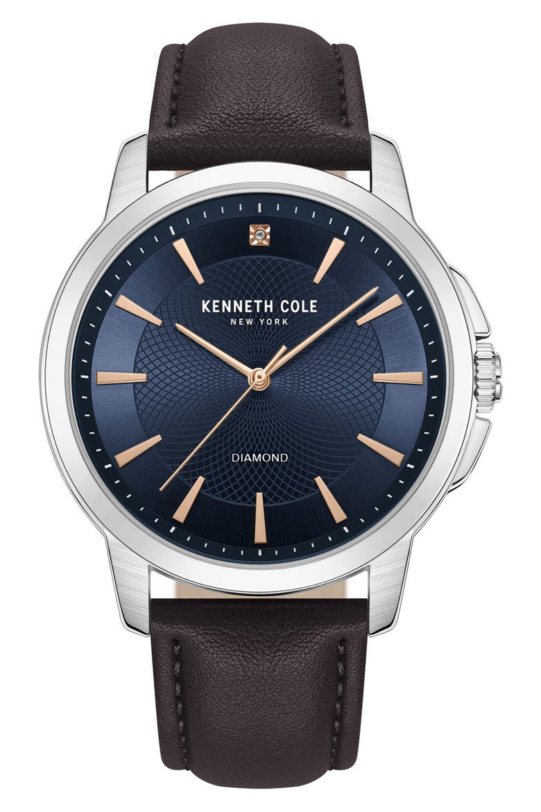 Diamond Dial Leather Strap Watch, 44mm, Main, color, BLACK