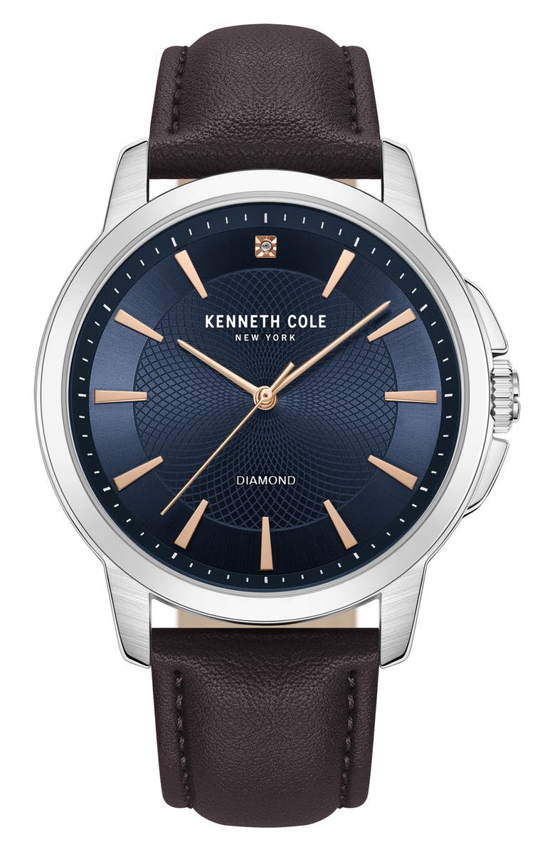 Kenneth Cole Diamond Dial Leather Strap Watch, 44mm, Main, color, Black