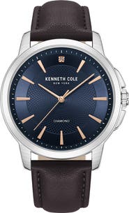 Kenneth Cole Diamond Dial Leather Strap Watch, 44mm