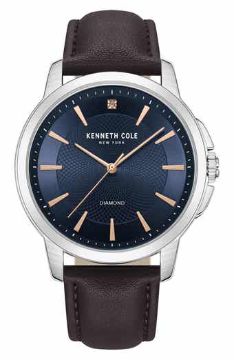 Kenneth Cole Diamond Dial Leather Strap Watch, 44mm
