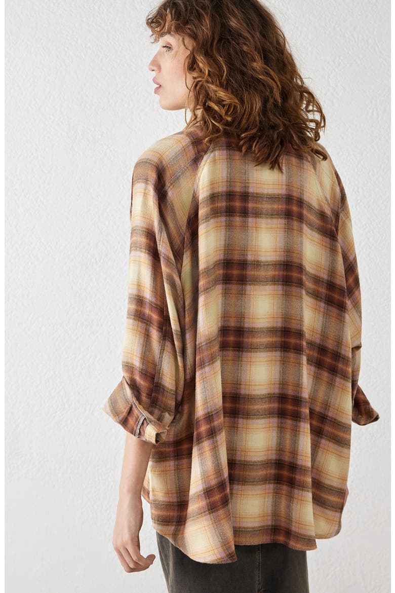 Brendon Plaid High-Low Hem Button-Up Shirt, Alternate, color, BROWN