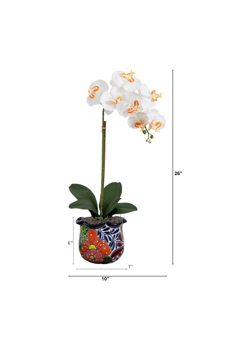 26-in Artificial Orchid Arrangement in Handmade Mexican Talavera Ceramic Planter, Alternate, color, Green