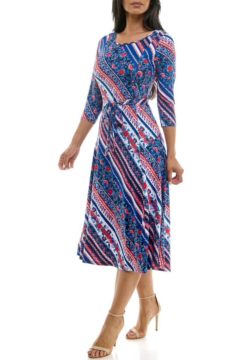 Floral Stripe Three-Quarter Sleeve A-Line Dress, Alternate, color, RED BLUE MULTI