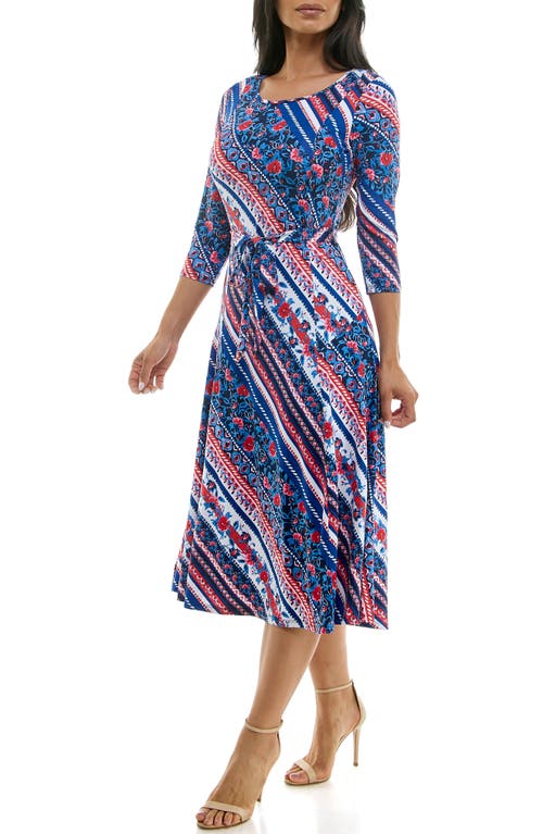 Nina Leonard Floral Stripe Three-quarter Sleeve A-line Dress In Red Blue Multi