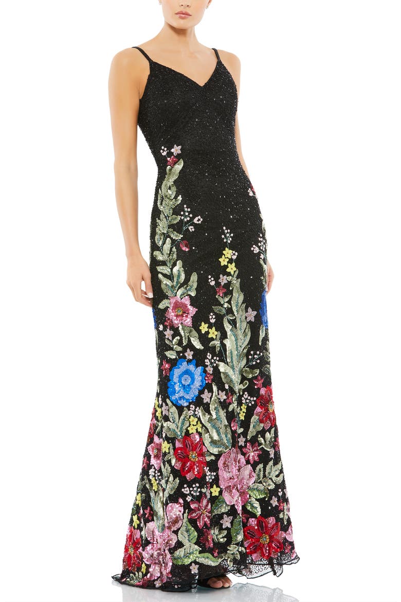 Garden Trumpet Gown, Main, color, BLACK MULTI